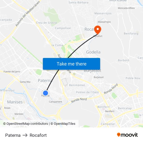 Paterna to Rocafort map