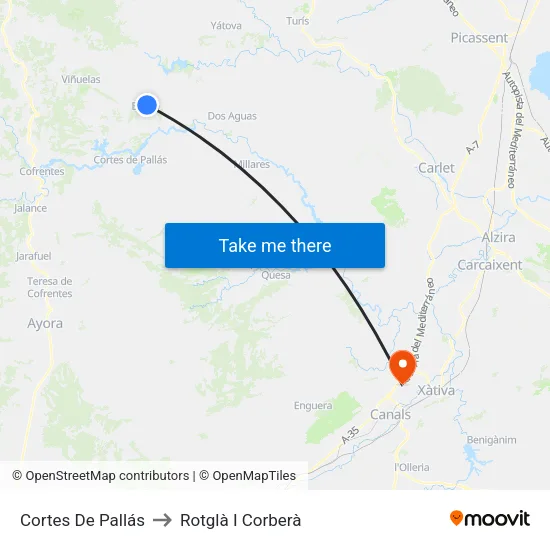Cortes De Pallás to Rotglà I Corberà map