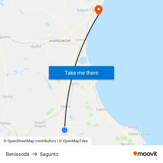 Benissoda to Sagunto map