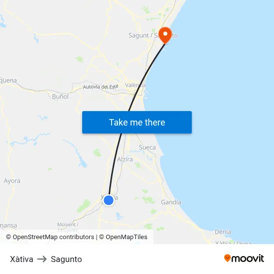 Xàtiva to Sagunto map