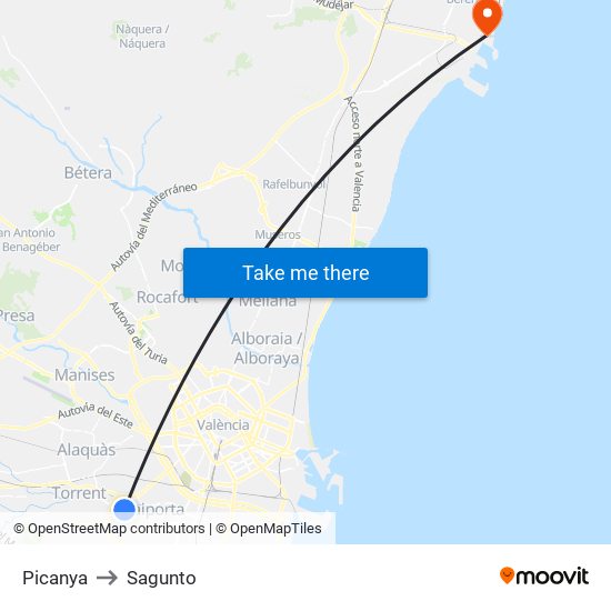 Picanya to Sagunto map