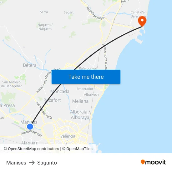 Manises to Sagunto map