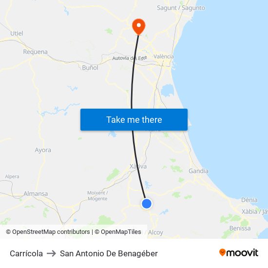 Carrícola to San Antonio De Benagéber map