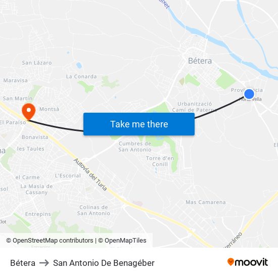 Bétera to San Antonio De Benagéber map