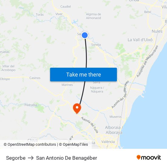 Segorbe to San Antonio De Benagéber map