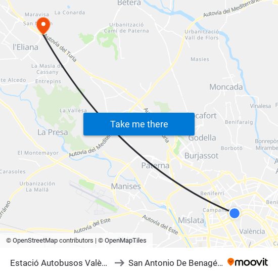 Estació Autobusos València to San Antonio De Benagéber map