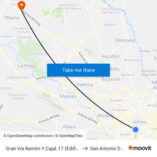 Gran Vía Ramón Y Cajal, 17 (Edificio La Once) [València] to San Antonio De Benagéber map