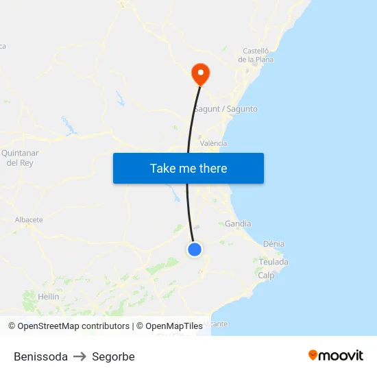 Benissoda to Segorbe map