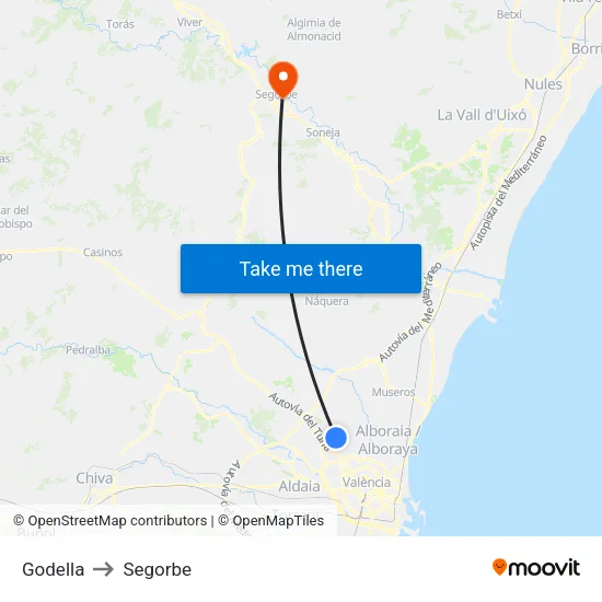 Godella to Segorbe map