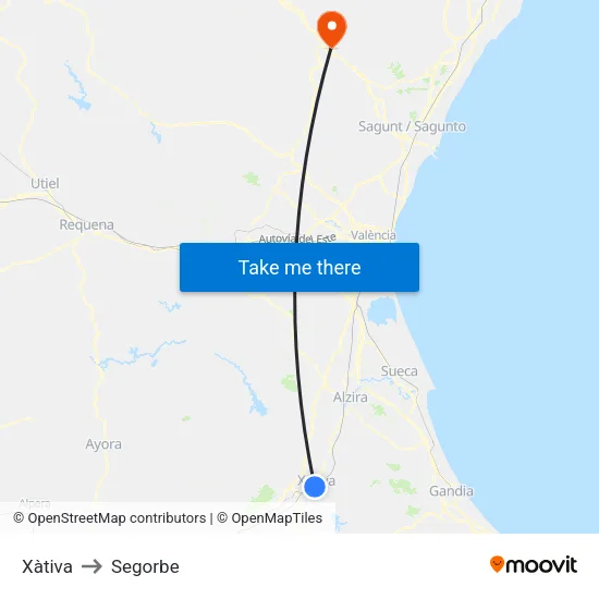 Xàtiva to Segorbe map