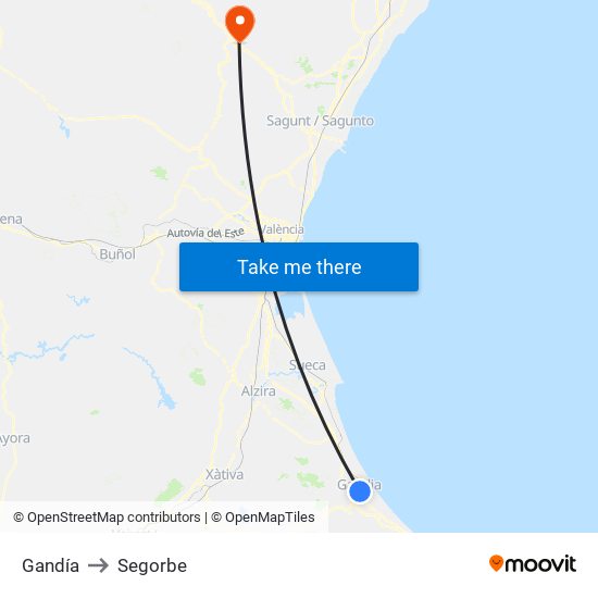 Gandía to Segorbe map