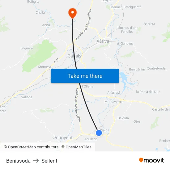 Benissoda to Sellent map