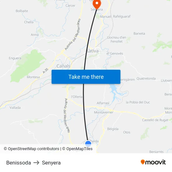 Benissoda to Senyera map