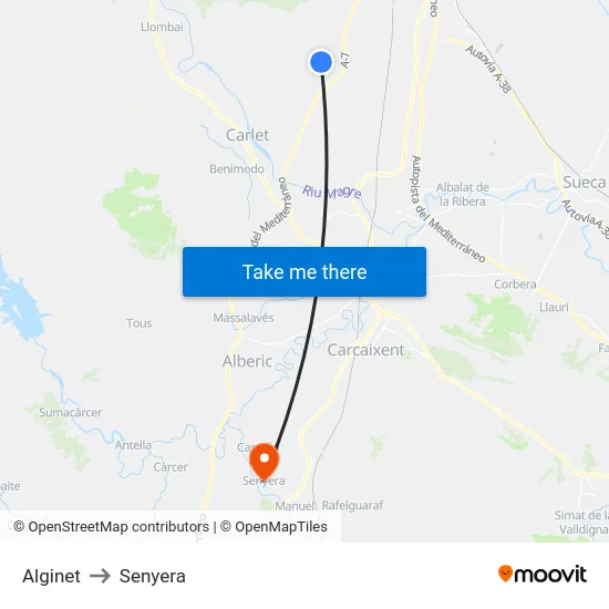 Alginet to Senyera map