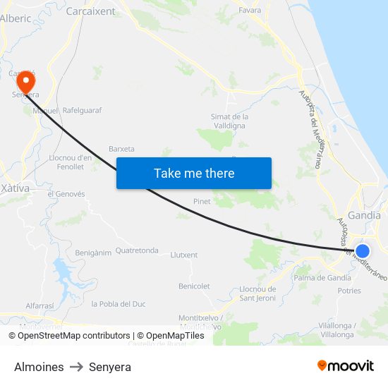 Almoines to Senyera map
