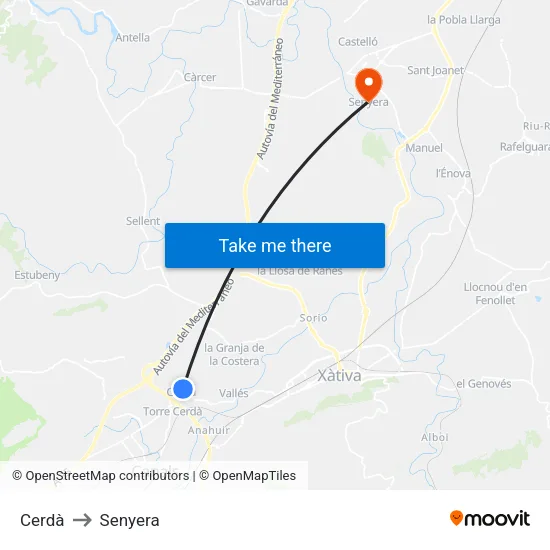 Cerdà to Senyera map