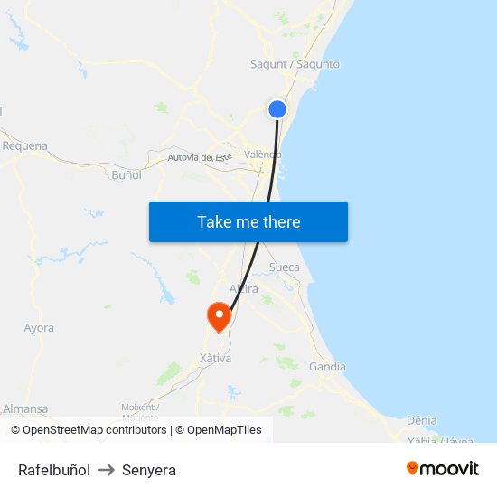 Rafelbuñol to Senyera map