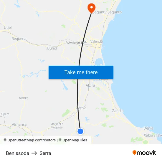 Benissoda to Serra map