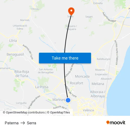 Paterna to Serra map