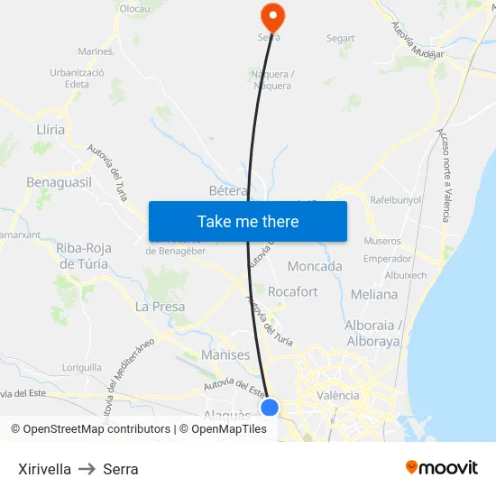 Xirivella to Serra map