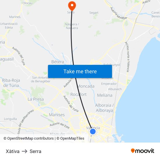 Xàtiva to Serra map