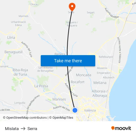 Mislata to Serra map