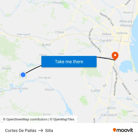 Cortes De Pallás to Silla map