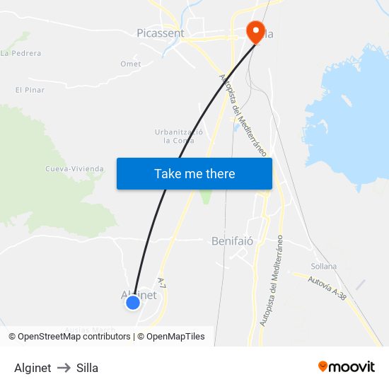 Alginet to Silla map