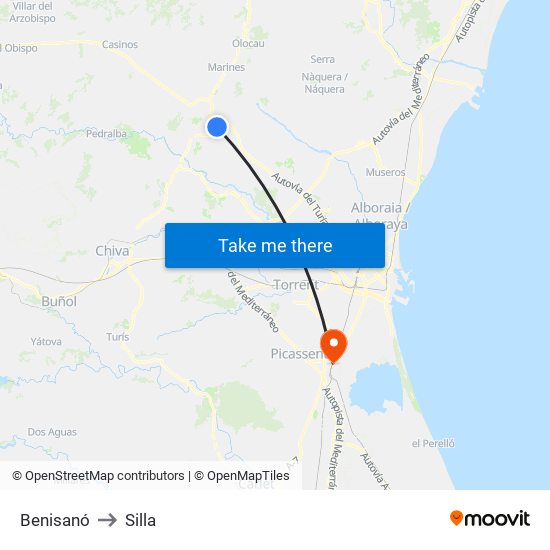 Benisanó to Silla map