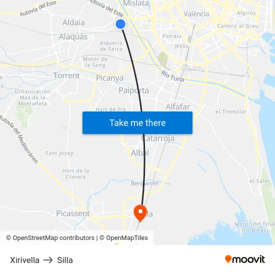 Xirivella to Silla map