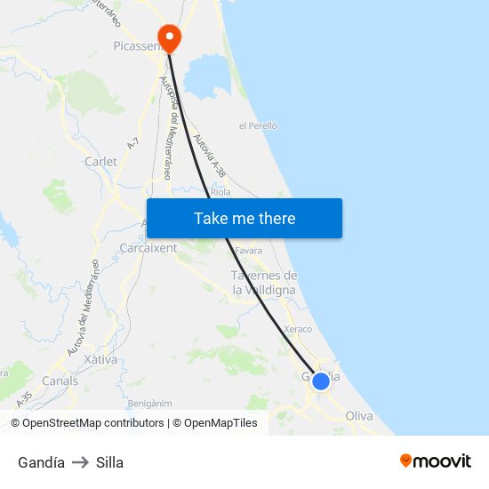 Gandía to Silla map