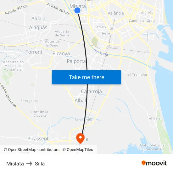Mislata to Silla map