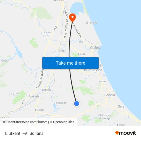 Llutxent to Sollana map