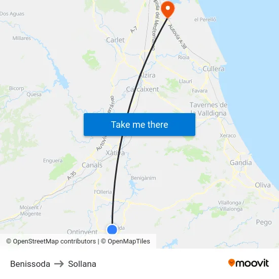 Benissoda to Sollana map