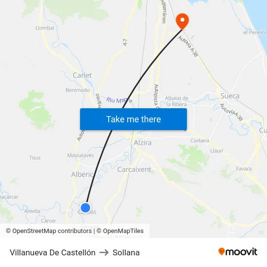 Villanueva De Castellón to Sollana map