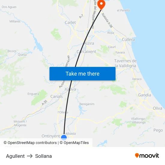 Agullent to Sollana map
