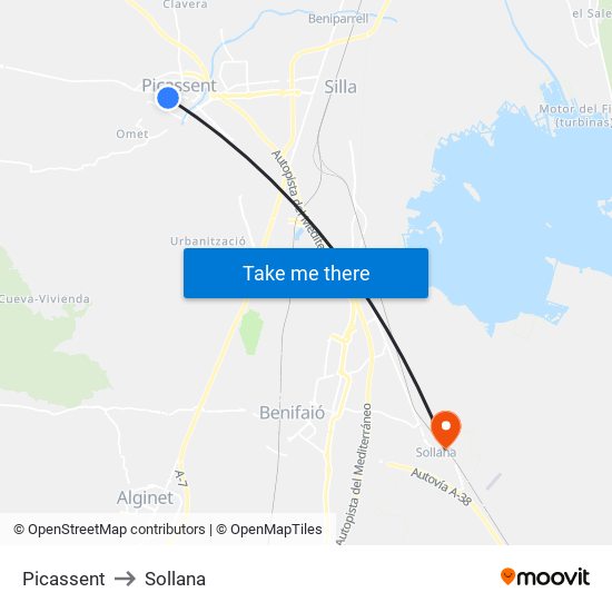 Picassent to Sollana map