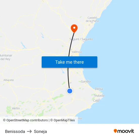 Benissoda to Soneja map