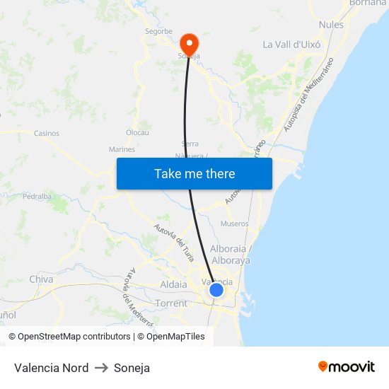 Valencia Nord to Soneja map