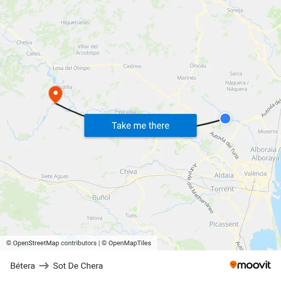 Bétera to Sot De Chera map