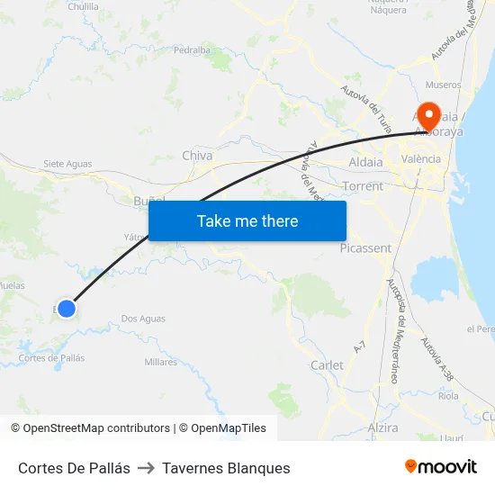 Cortes De Pallás to Tavernes Blanques map