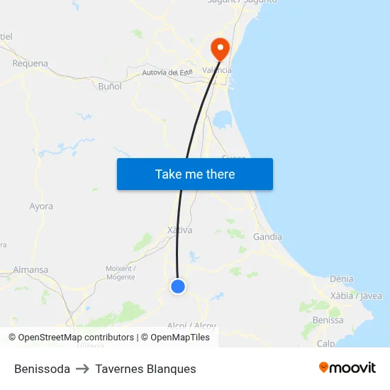 Benissoda to Tavernes Blanques map