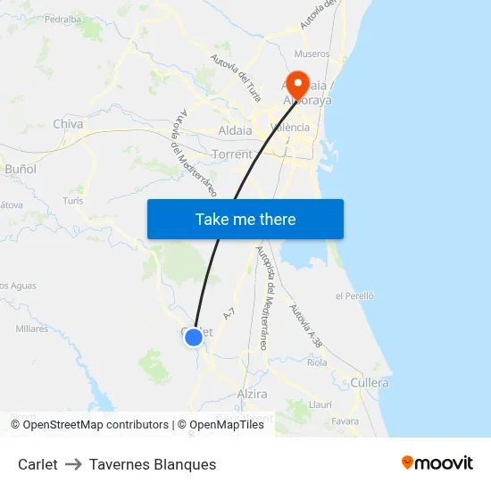 Carlet to Tavernes Blanques map