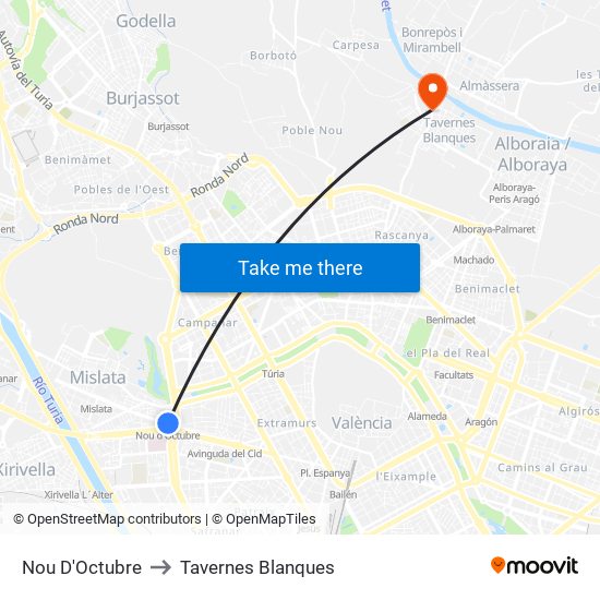 Nou D'Octubre to Tavernes Blanques map