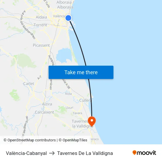 València-Cabanyal to Tavernes De La Valldigna map