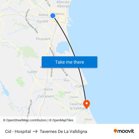 Cid - Hospital to Tavernes De La Valldigna map
