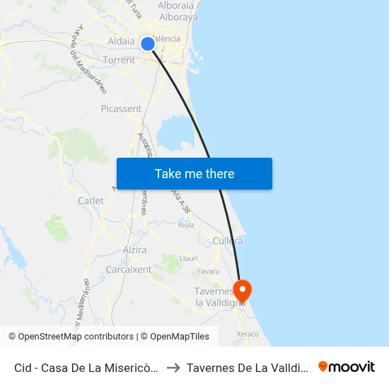 Cid - Casa De La Misericòrdia to Tavernes De La Valldigna map