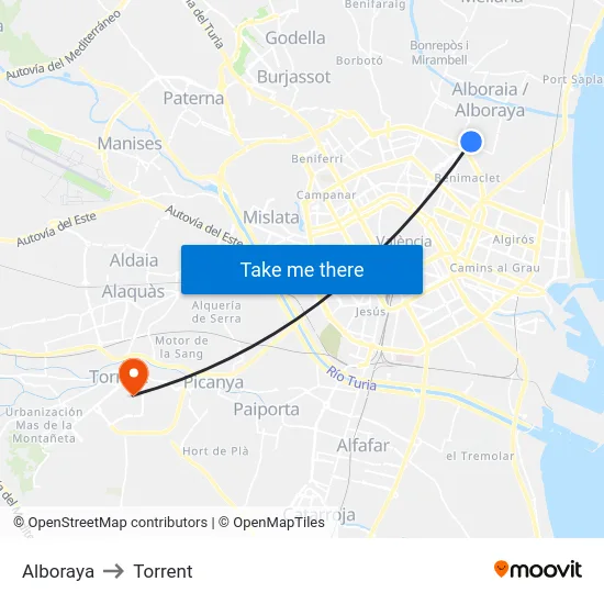 Alboraya to Torrent map