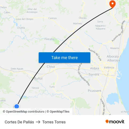 Cortes De Pallás to Torres Torres map