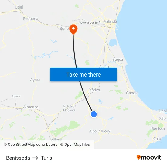 Benissoda to Turís map